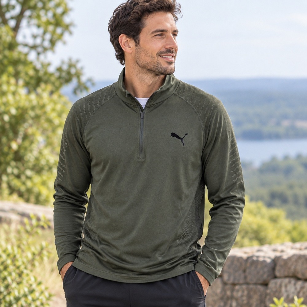 Puma DryCell Mens Large Olive Green Quarter Zip Pullover Performance Shirt